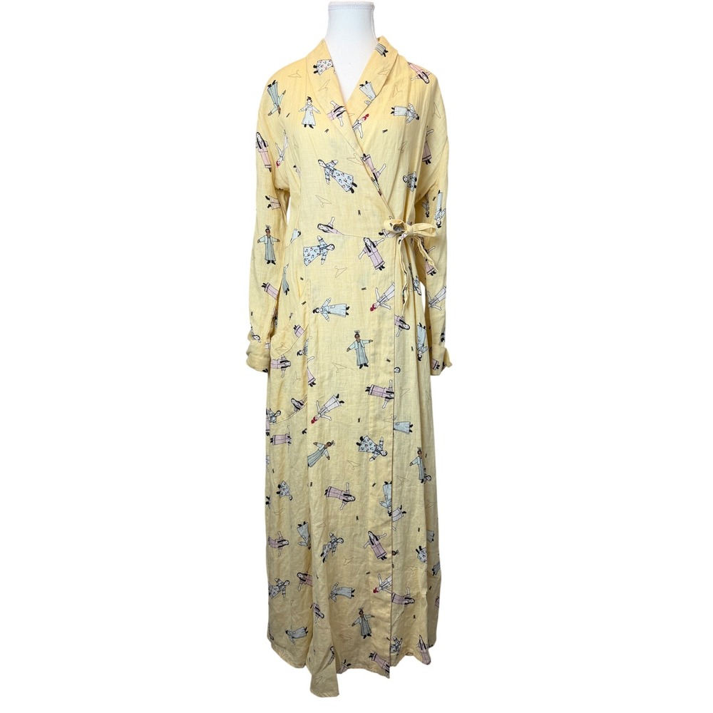 FLAX 100% Linen Wrap Robe/Dress Yellow Whimsical Figure Print Duster Small